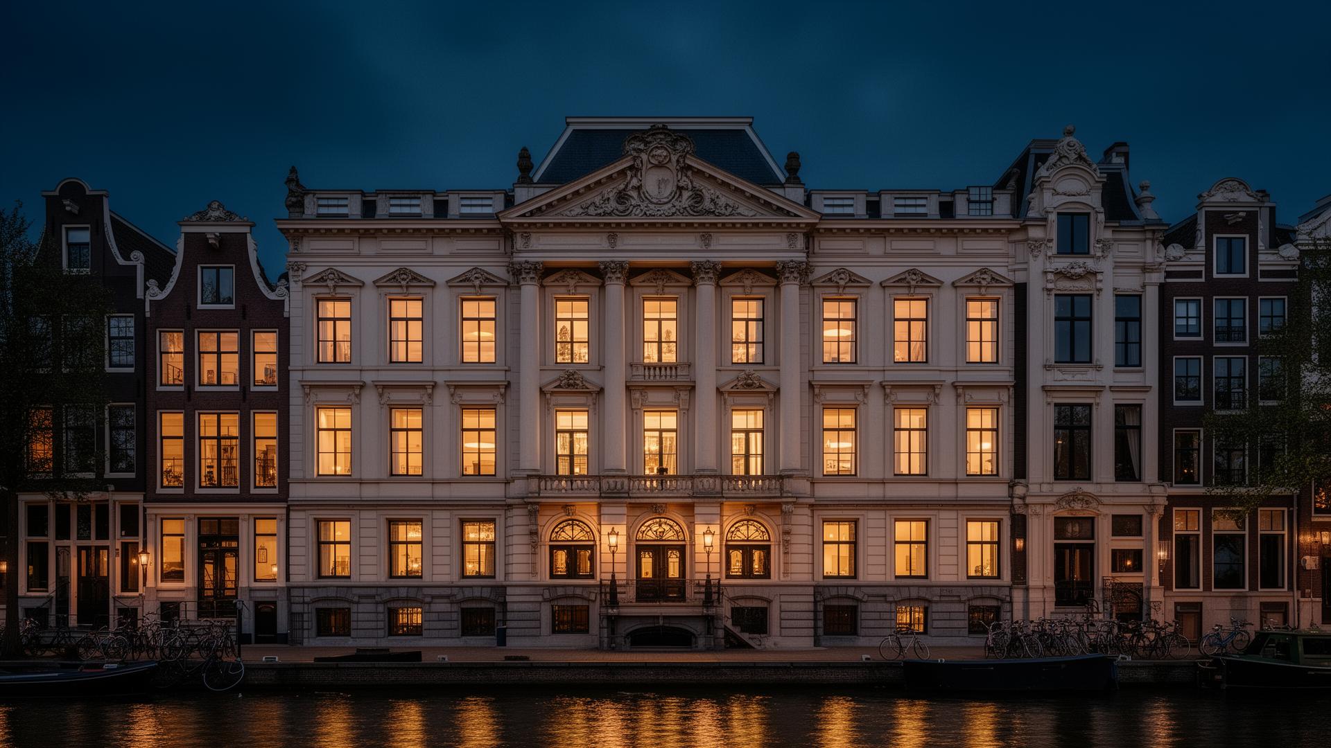 Nederlands grachtenpand bij avondlicht